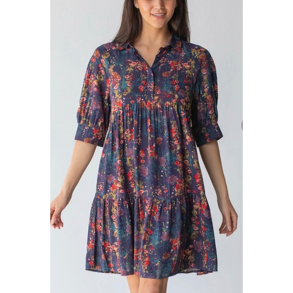 Natural Life Navy Blue Becca Mini Dress - Watercolor Indigo Floral Size XL
